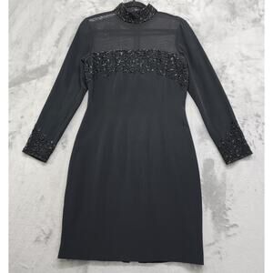 Vintage 90s Oleg Cassini Black Tie Dress Size 8 Black Sheer Beaded Cocktail